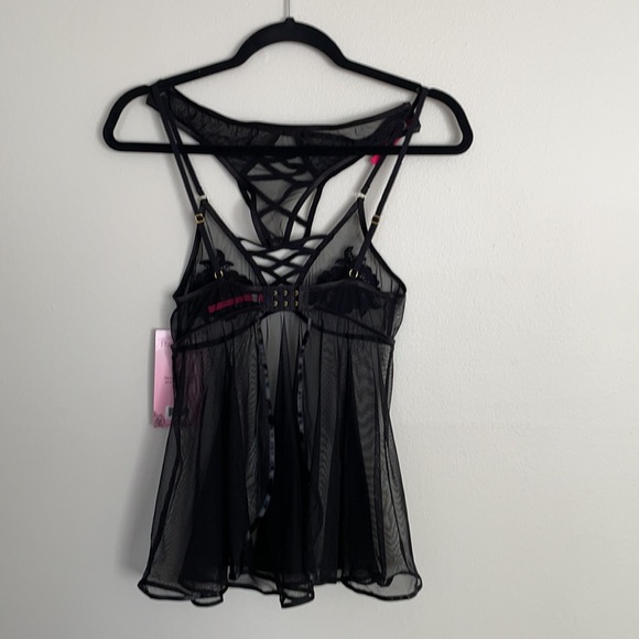 NEW W/ TAGS Two Piece Floral Embroidered Mesh Babydoll and Open Back Panty Set - Picture 2 of 9